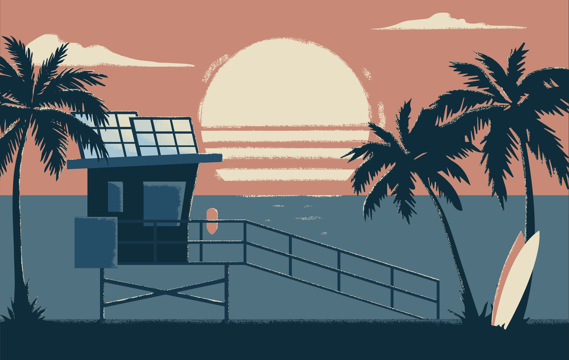 A sunset scene on a beach in California, with solar panels atop the lifeguard hut.